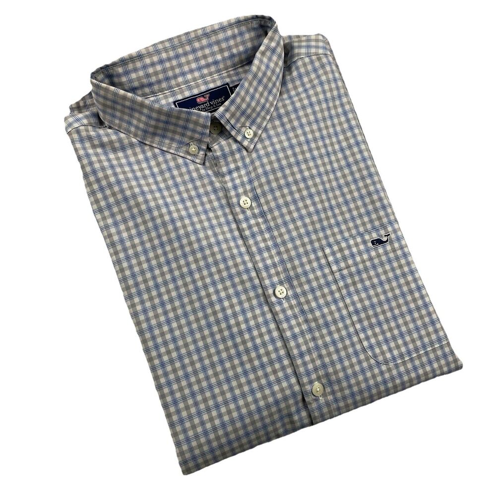 Vineyard Vines Men’s Button Down Long Sleeve Multi Tattersall Check Whale Gray-L